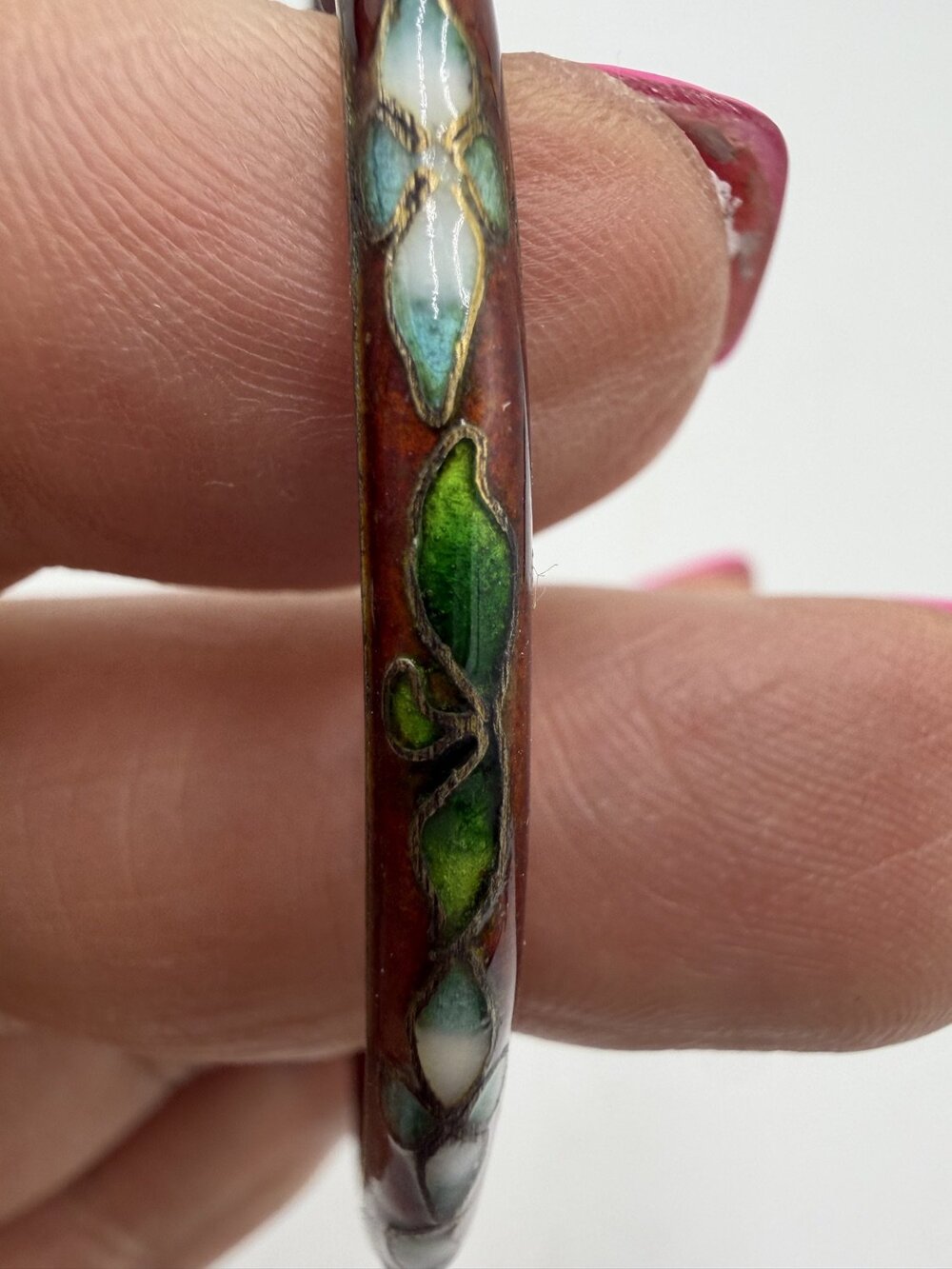 Vintage Cloisonne Bangle Bracelet Brown Floral Green 2.5" Stacking Womens